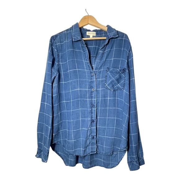 Anthropologie Cloth and Stone Button Front Shirt Top Plaid Blue Large V-Neck - Picture 1 of 5